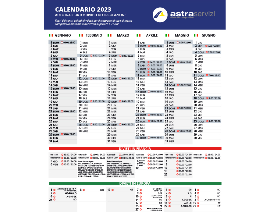 Autotrasporto: divieti di circolazione gennaio-giugno 2023 in Italia, Francia ed Europa